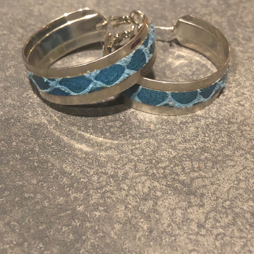 Silver and blue leather hoop earrings